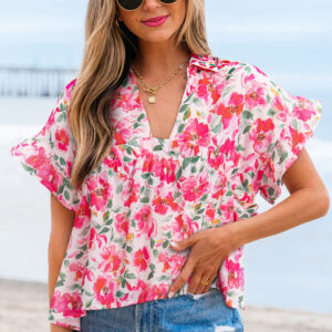 Blusa Rosa Con Volados Manga Corta Escote V