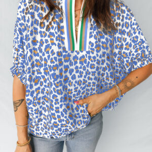 Blusa Azul Celeste Combinado Manga Corta Suelta Escote V