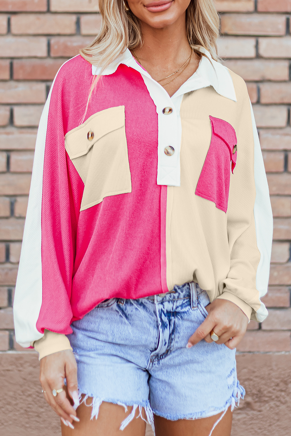 Buzo Rojo Rosado Combinado Oversize Con Cuello - Image 5
