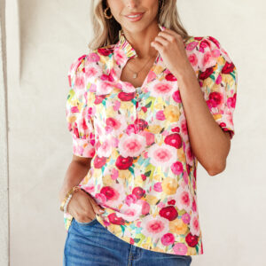 Blusa Rosa Floral Manga Corta Escote V