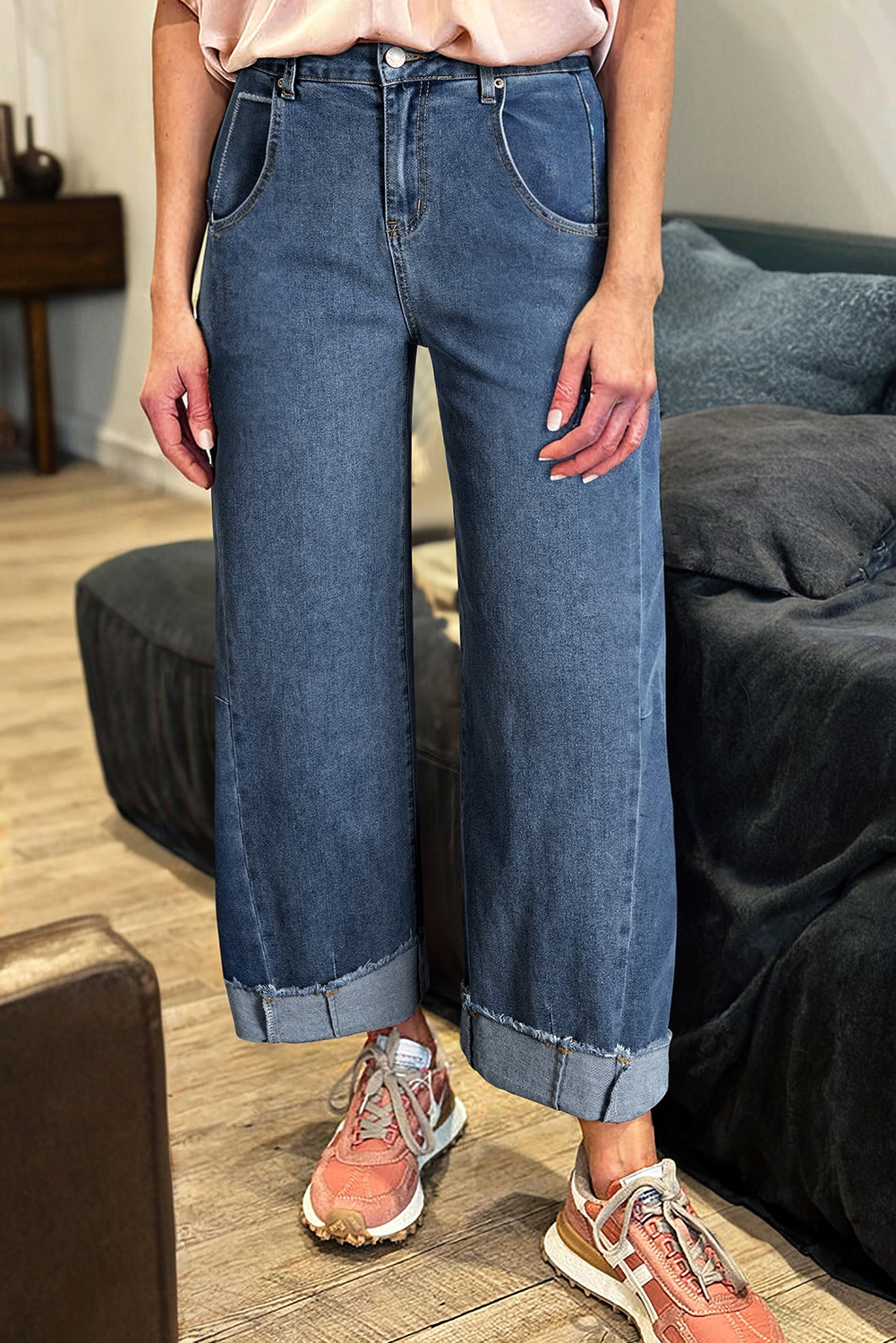 Jean Ashleigh Azul Con Costura Crudo Ruedo Pierna Ancha