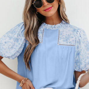 Blusa Celeste Floral Manga Abullonada Suelta