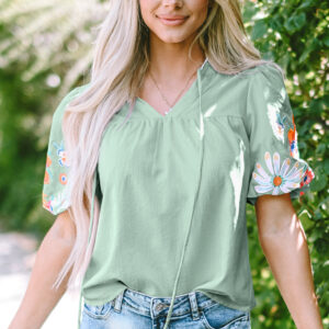 Blusa Aqua Floral Manga Abullonada Escote con Abertura