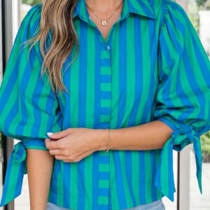 Camisa Azul a Rayas Con Botones Manga Abullonada