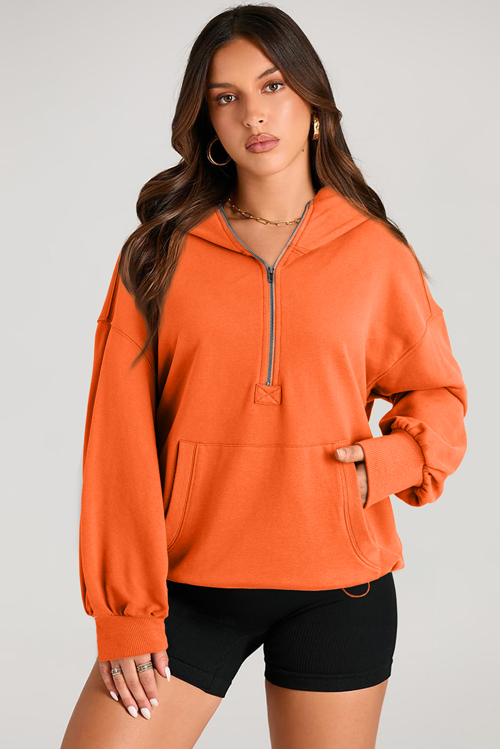 Hoodie Naranja Bolsillo Canguro Oversize Con Cierre - Image 3
