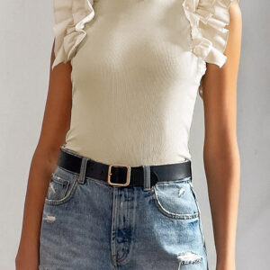 Blusa Beige Con Volados Manga Volado Cuello Alto