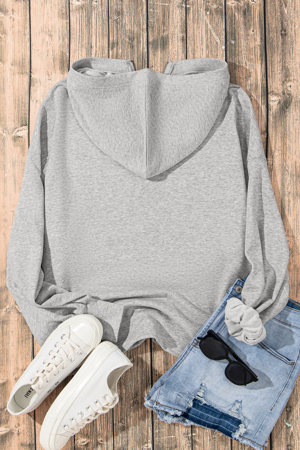Hoodie Gris Claro Bolsillo Canguro Oversize Con Cierre - Image 6