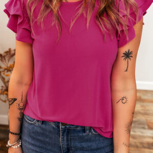 Blusa Rojo Rosado Con Volados Cuello Redondo