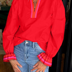 Blusa Rojo Fuego Con Volados Manga Larga Escote con Abertura