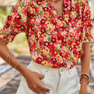 Blusa Rojo Plisado Manga Globo Escote V