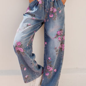 Jean Azul Floral Estampado Elástico Cintura Con Tirador