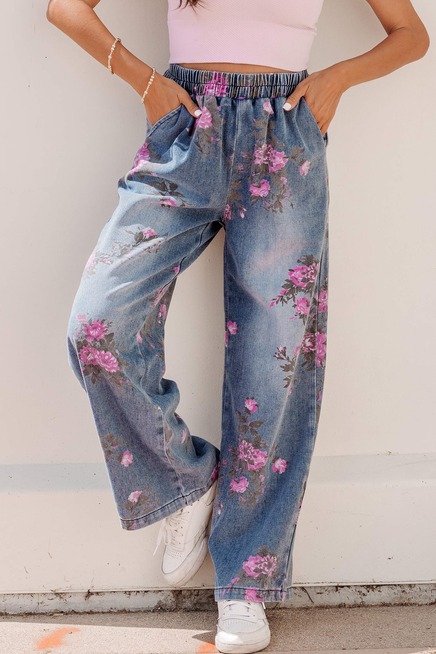 Jean Azul Floral Estampado Elástico Cintura Con Tirador