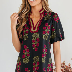 Blusa Negro Floral Manga Globo