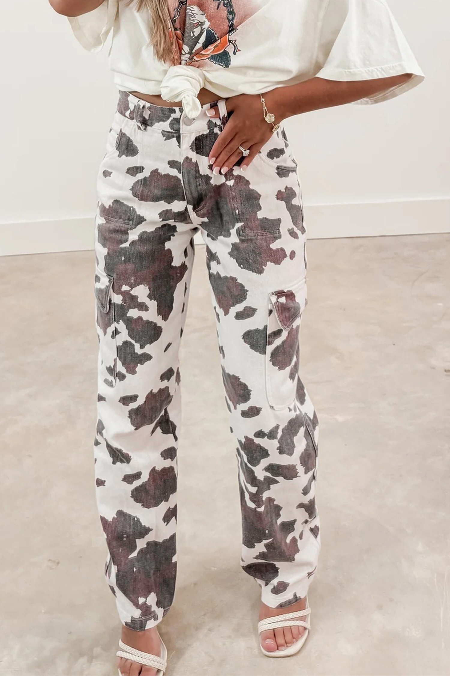 Jean Marrón Vaca Lunares Estampado Multicolor Con Bolsillos