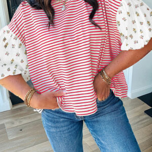 Blusa Rojo a Rayas Manga Abullonada Suelta Cuello Redondo