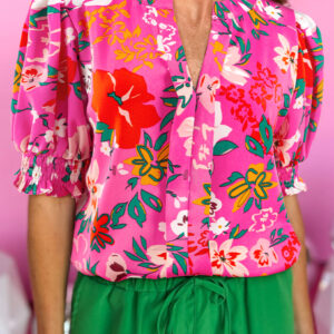Blusa Rosa Floral Manga Abullonada Escote V