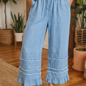 Pantalón Azul Con Volados Ruedo Pierna Ancha Chambray