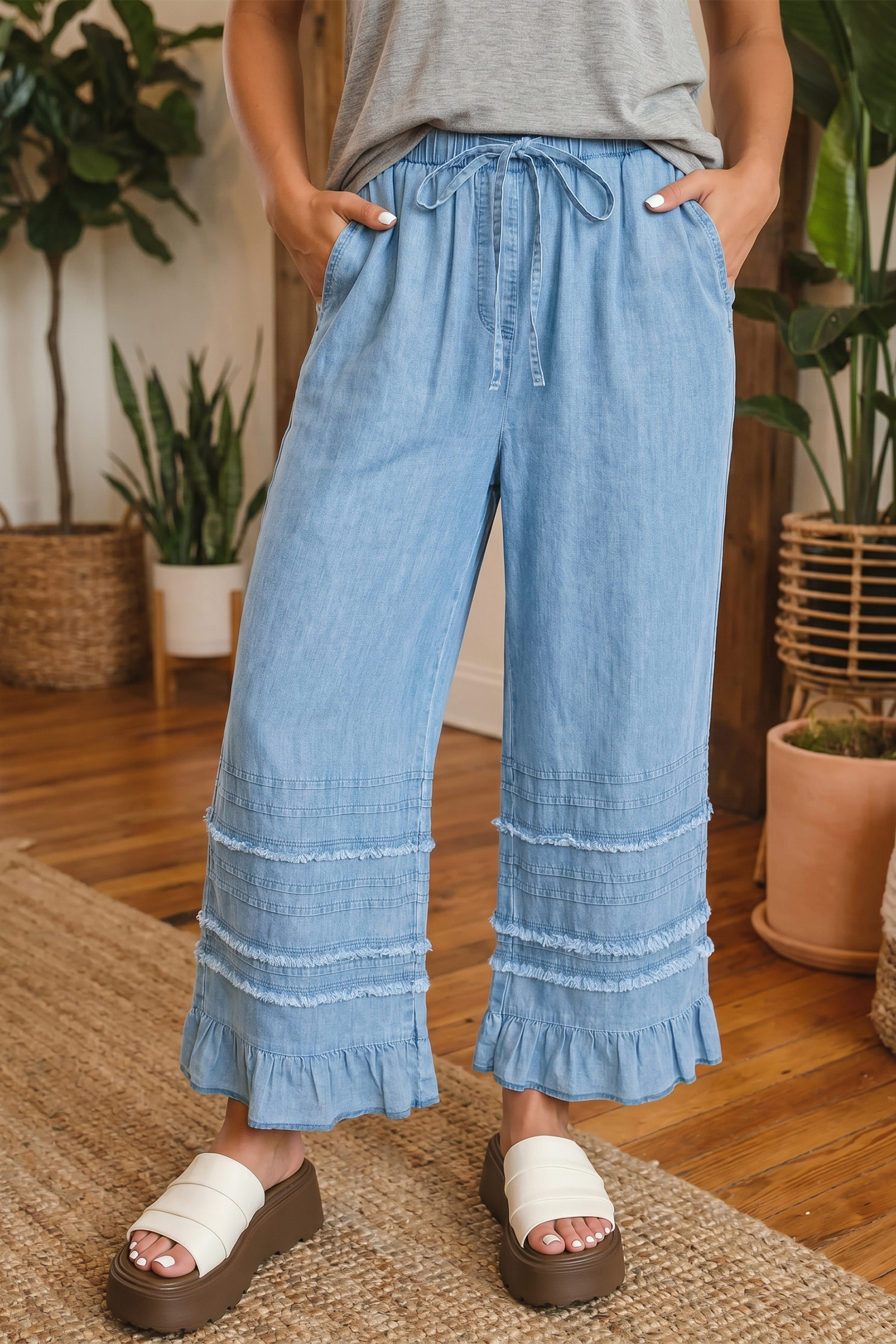 Pantalón Azul Con Volados Ruedo Pierna Ancha Chambray
