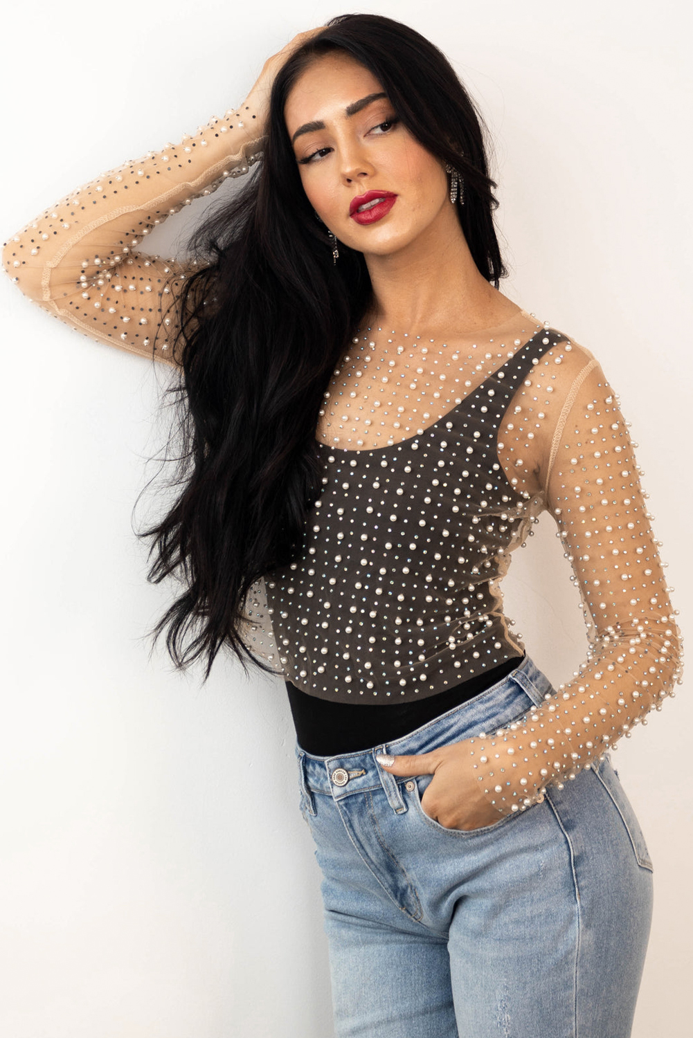 Top Corto Damasco Perlas y Strass Malla - Image 4