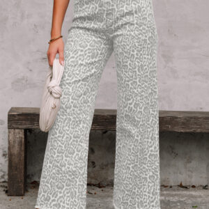 Jean Gris Animal Print Leopardo Deshilachado Borde Pierna