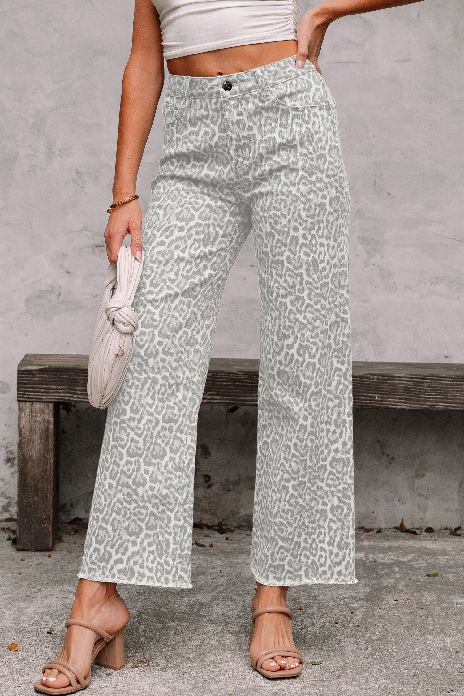 Jean Gris Animal Print Leopardo Deshilachado Borde Pierna