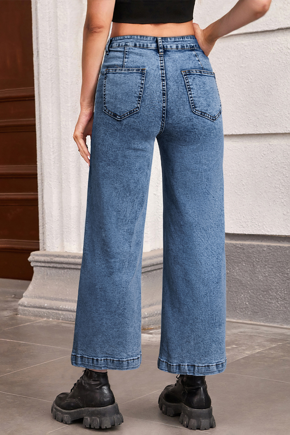 Jean Celeste Chic Aplicado Bolsillo Pierna Recta Suelto - Image 6