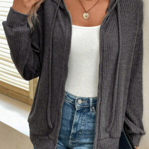 Hoodie Gris Oscuro Acanalado Con Cierre