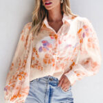 Camisa Blanco Floral Suelta Con Cuello