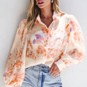 Camisa Blanco Floral Suelta Con Cuello