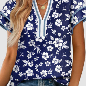 Blusa Azul Con Volados Manga Corta Escote con Abertura