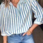 Blusa Azul Celeste a Rayas Manga 3/4 Con Cuello