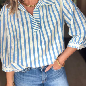 Blusa Azul Celeste a Rayas Manga 3/4 Con Cuello