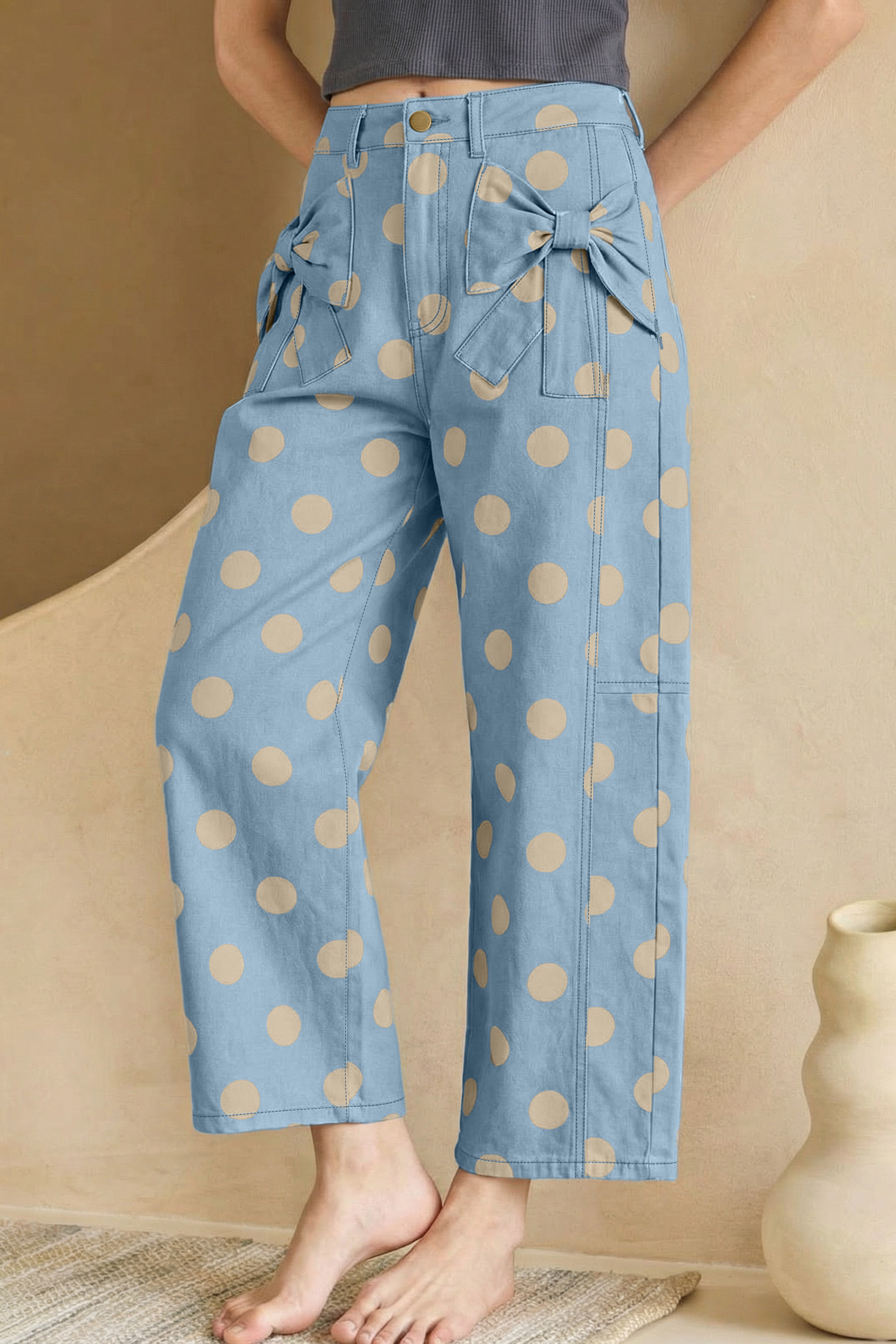 Jean Celeste Lunares Estampado Moño Detalle Con Bolsillos - Image 5