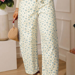Jean Beige Con Ojales Nudo Cintura Floral Barrel Pierna
