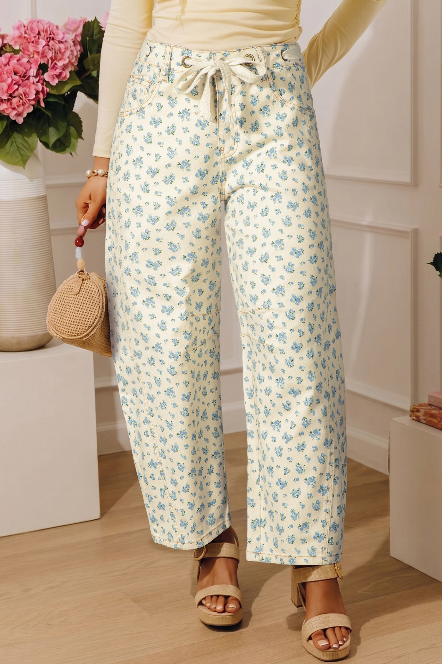 Jean Beige Con Ojales Nudo Cintura Floral Barrel Pierna