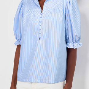 Blusa Azul Celeste a Rayas Con Volados Manga Abullonada