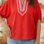 Blusa Rojo Fuego Escocés Manga Corta Estilo Túnica Escote V