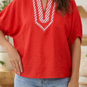 Blusa Rojo Fuego Escocés Manga Corta Estilo Túnica Escote V