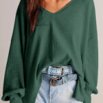 Blusa Verde Oscuro Manga Larga Suelta Escote V