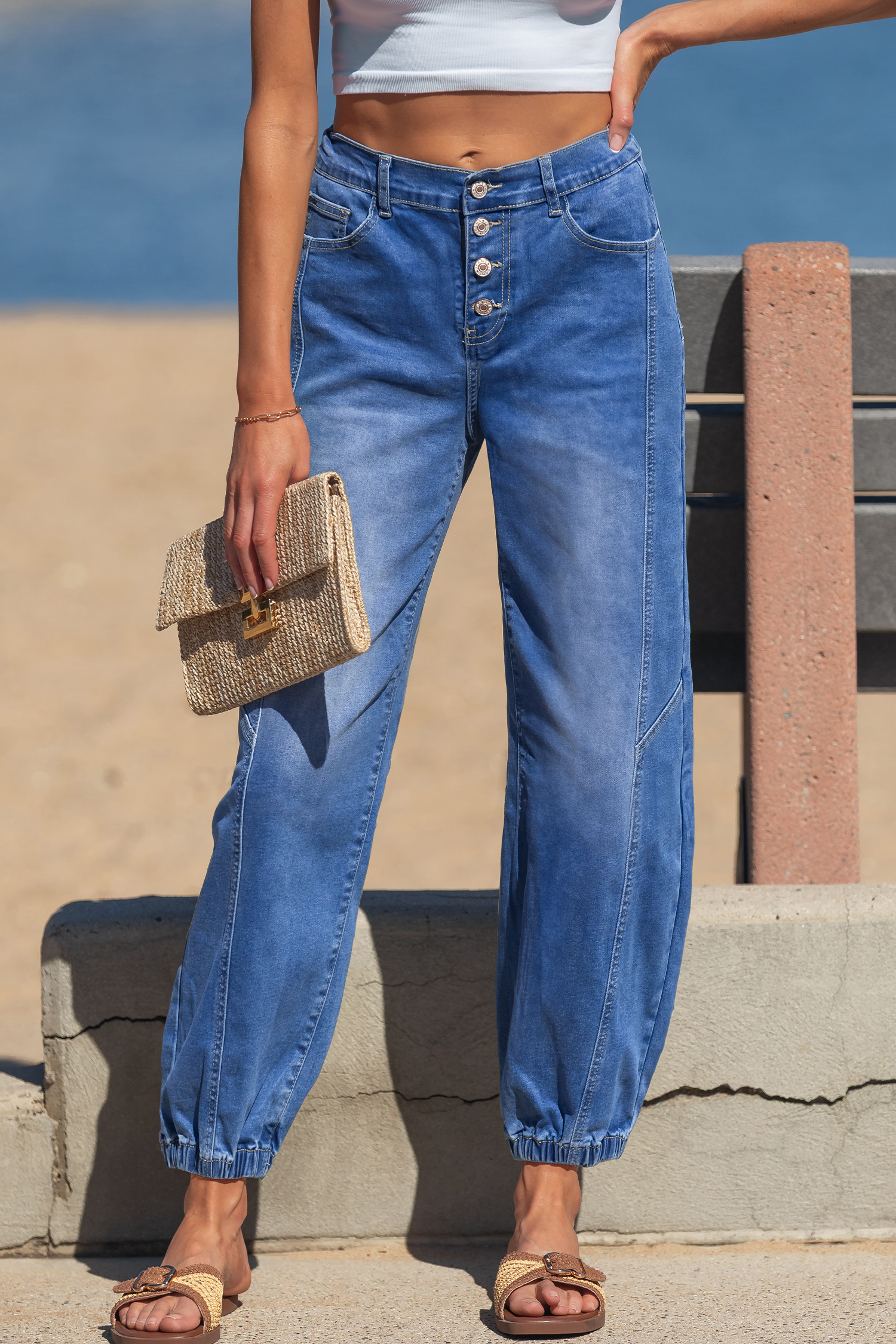 Jean Azul 4 Botones Delantero Tapered Casual Suelto Calce