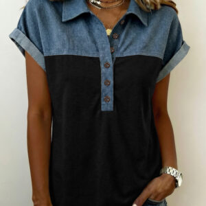 Blusa Negro Combinado Manga Corta Con Cuello