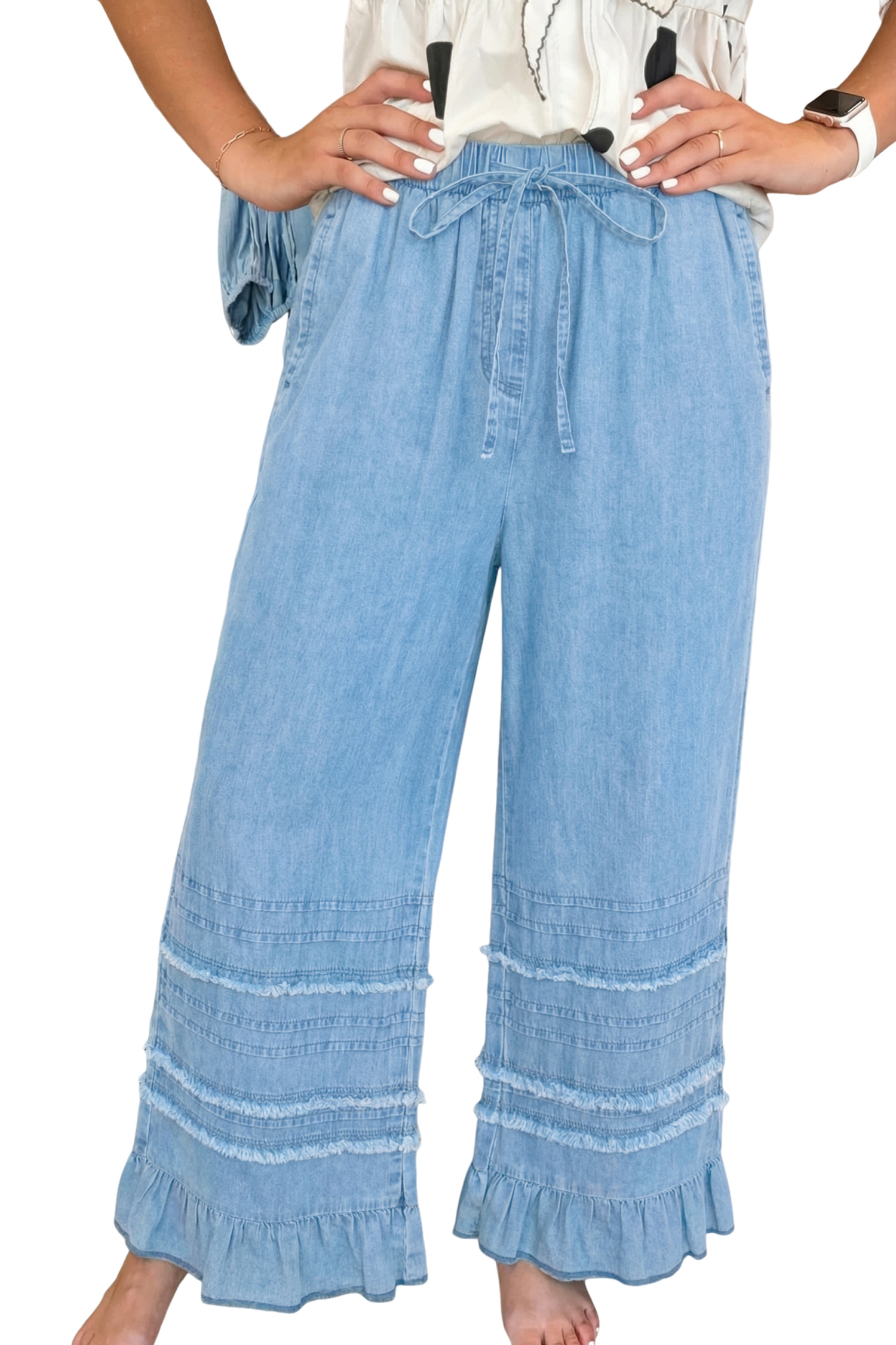 Pantalón Azul Con Volados Ruedo Pierna Ancha Chambray - Image 6