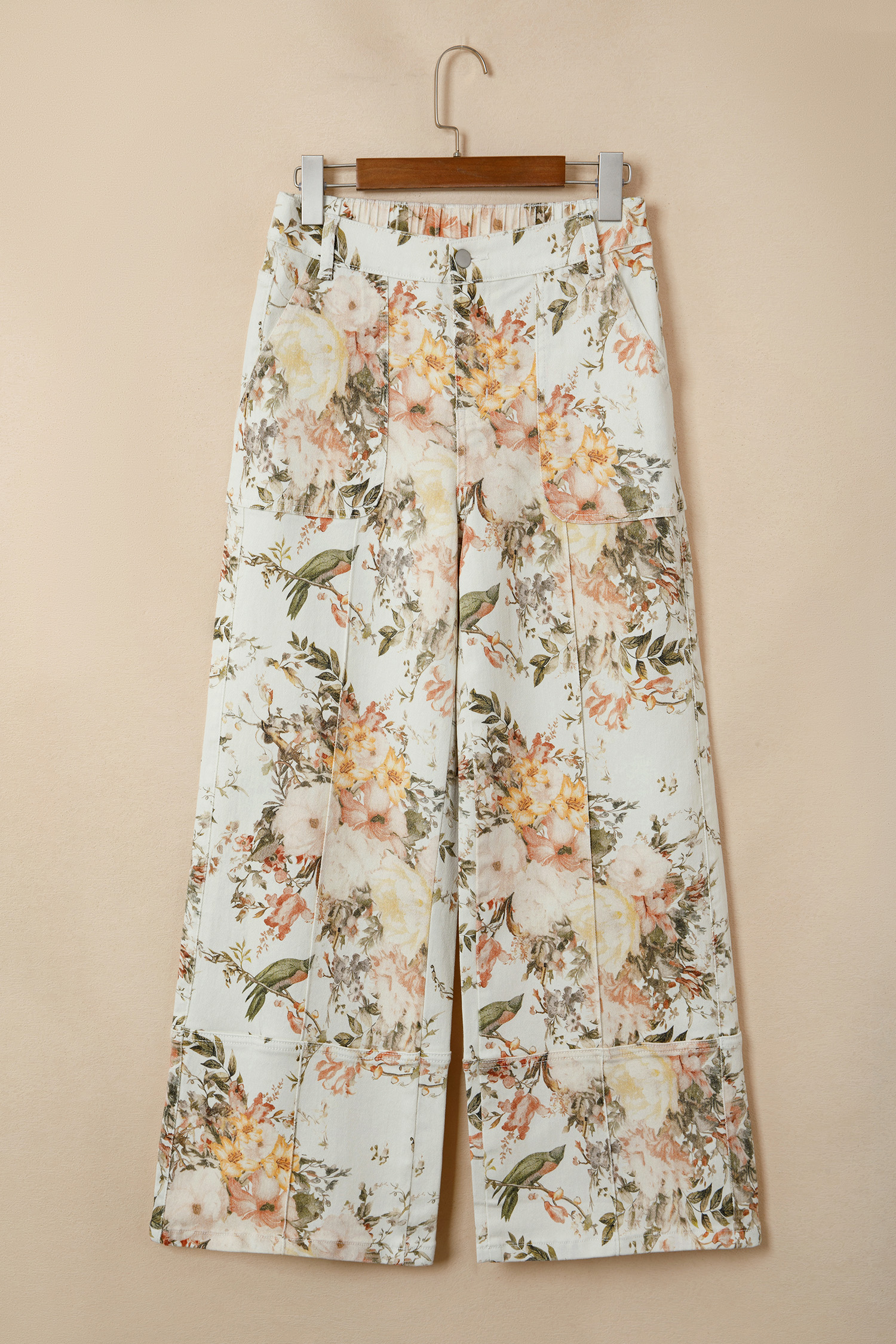 Jean Beige Vintage Estilo Floral Estampado Tiro Alto Pierna - Image 3