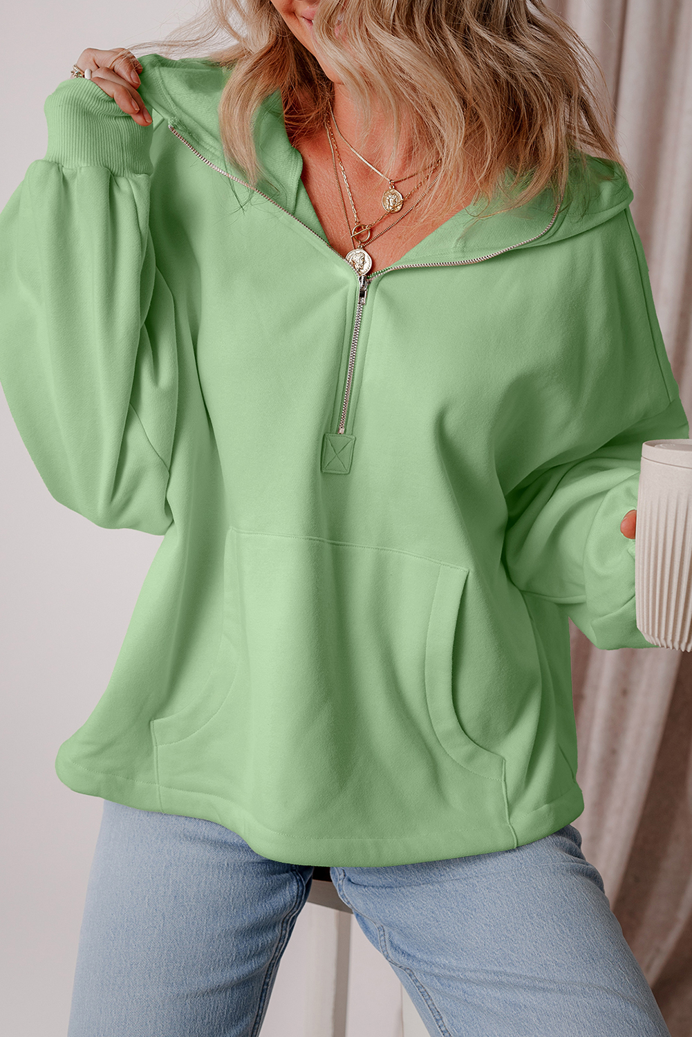 Hoodie Verde Humo Frisado Suelto Con Cierre - Image 4