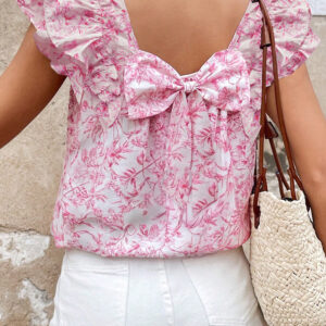 Blusa Rosa Con Volados Manga Corta Escote Cuadrado