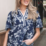 Blusa Azul A Rayas Manga Abullonada Escote V