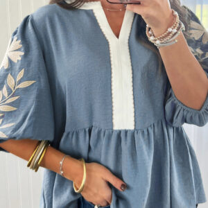 Blusa Celeste Combinado Manga Abullonada