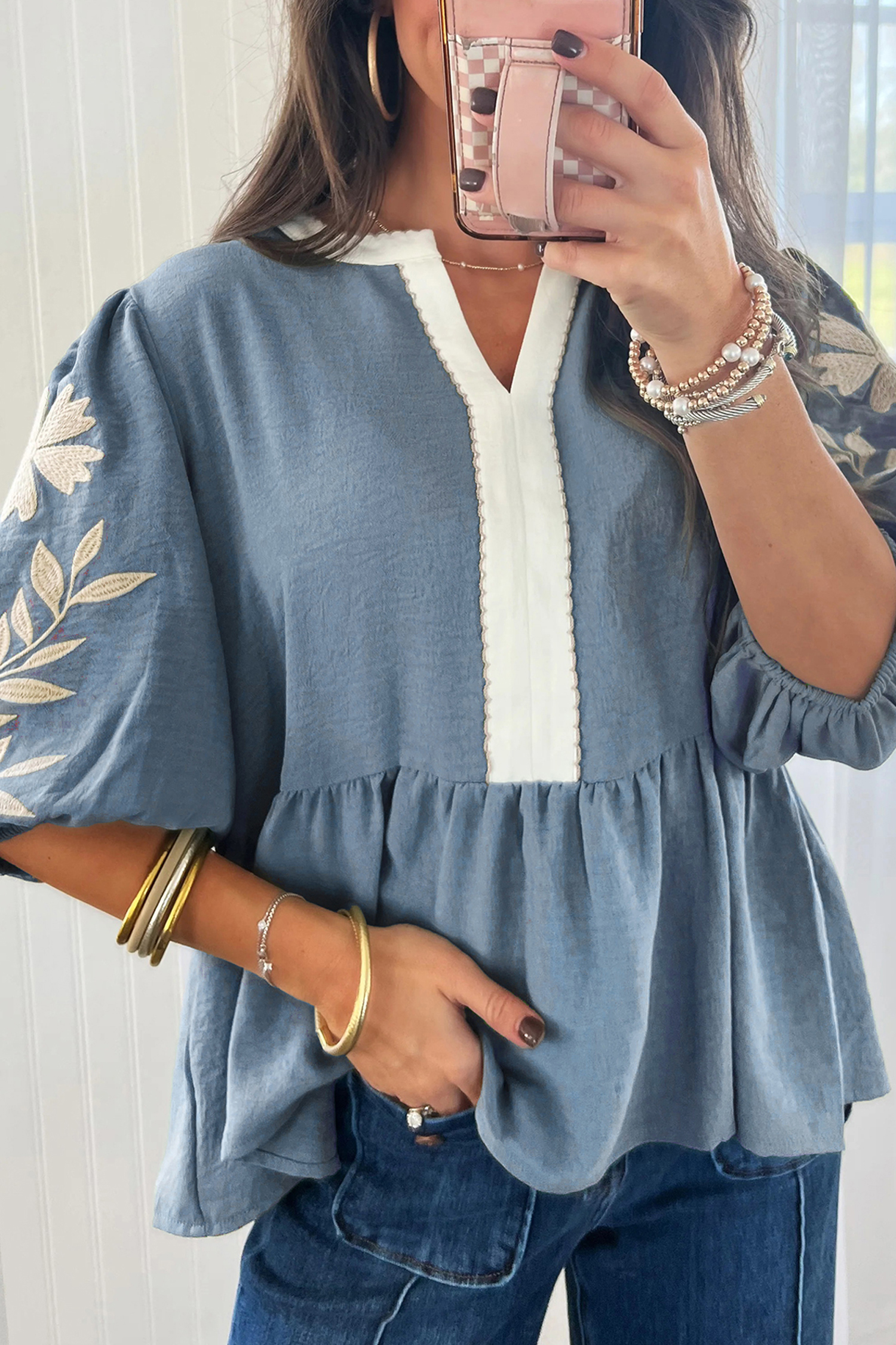 Blusa Celeste Combinado Manga Abullonada