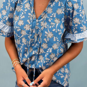 Blusa Azul A Rayas Manga Corta Cuello con Nudo