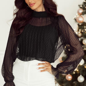 Blusa Negro Encaje Manga Larga Cuello Alto
